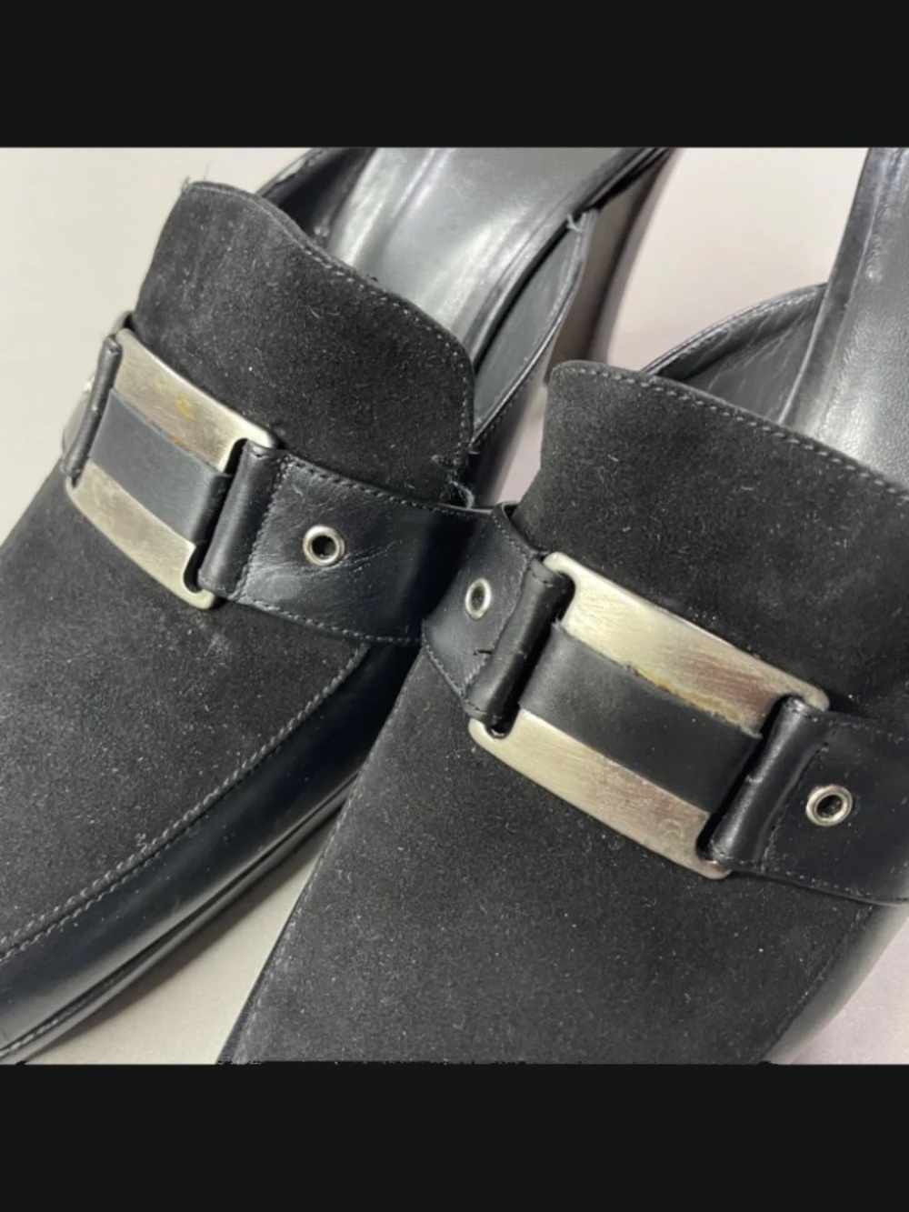 Stuart Weitzman Shoes Womens 8 black leather loafer heels horse bit slip on - Picture 7 of 12